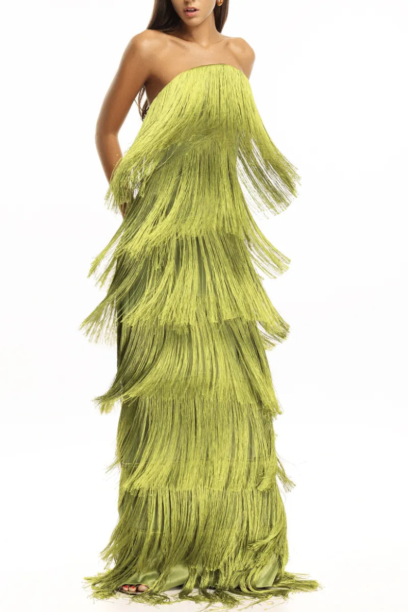 Lime Green Strapless Fringe Maxi Evening Gown