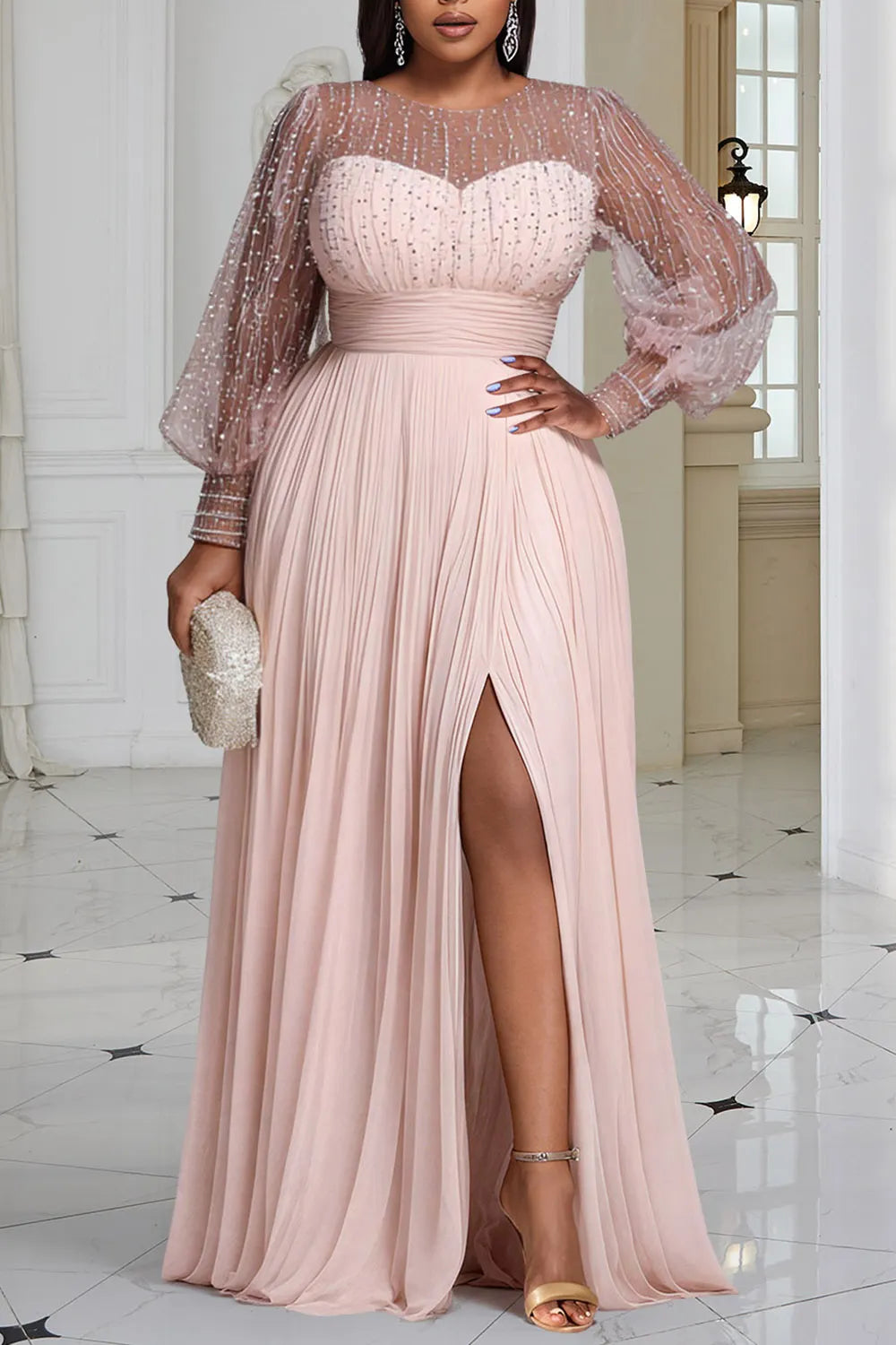 Formal  Round Neck Long Sleeve Split Elegant See Through Sequin Chiffon Maxi Dresses