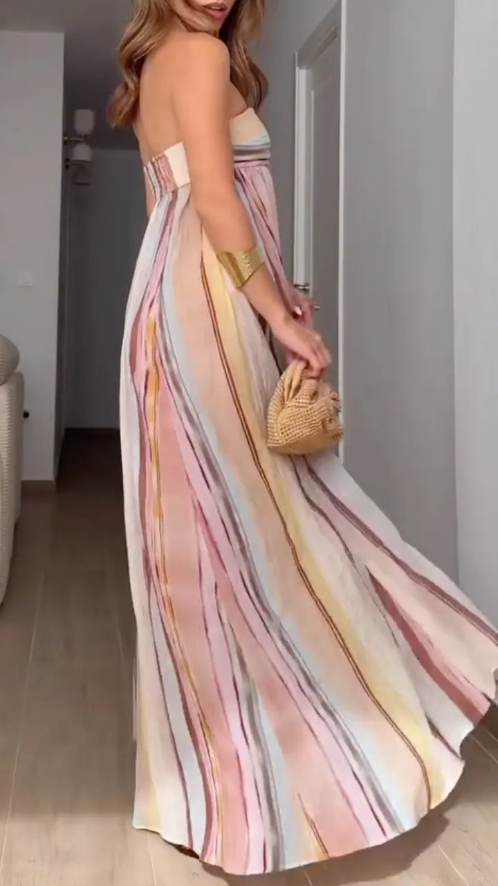 Black Draped Sleeveless Midi DressPastel Watercolor Stripe Strapless Maxi Dress