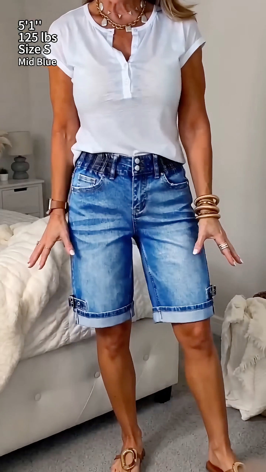 Washed Denim Roll‑Cuff Bermuda Shorts