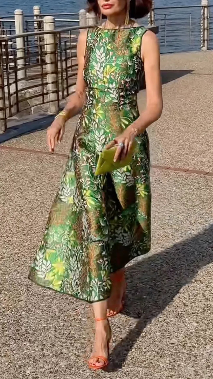Green Botanical Print Sleeveless Midi Dress