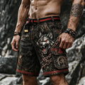 Men's Retro Outdoor Casual Viking Wolf Print Shorts