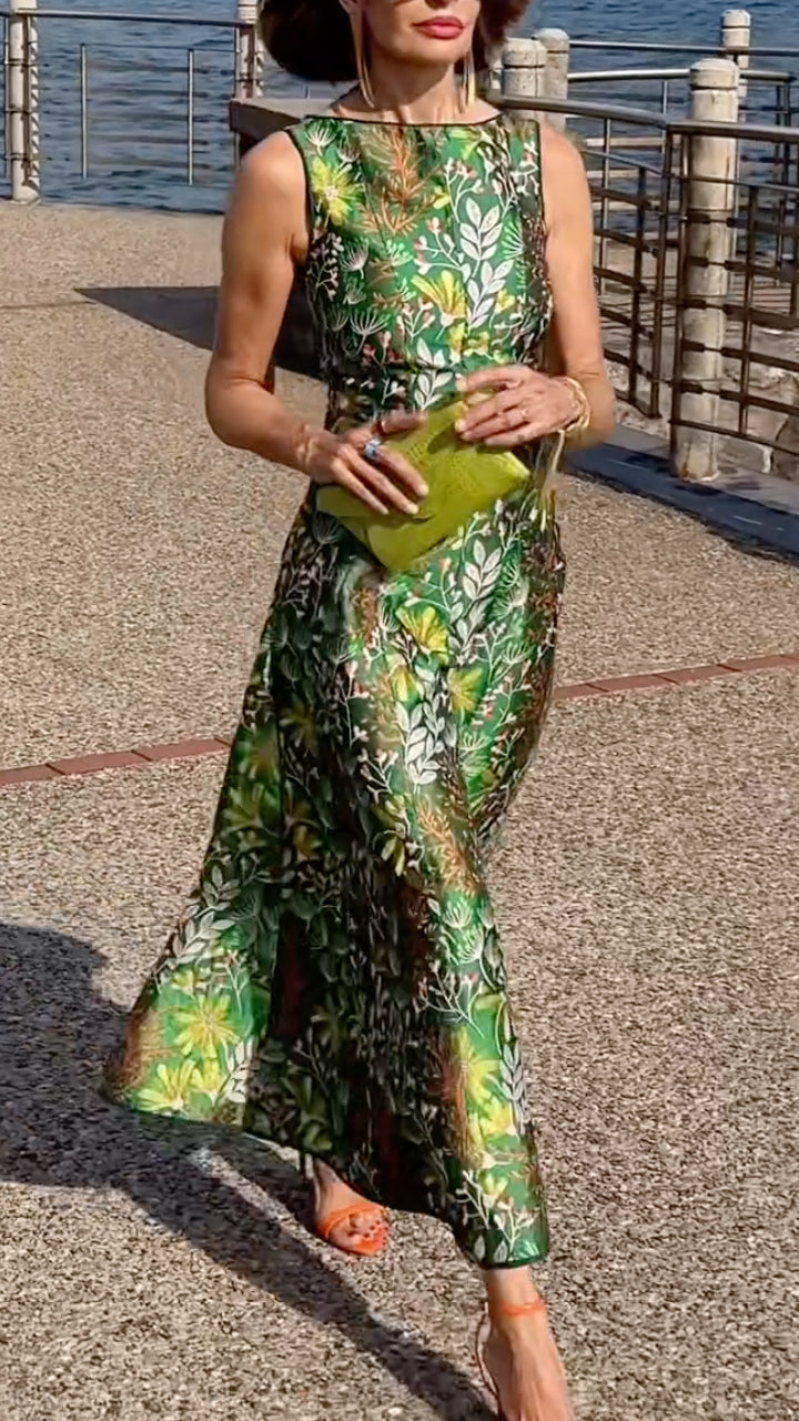Green Botanical Print Sleeveless Midi Dress
