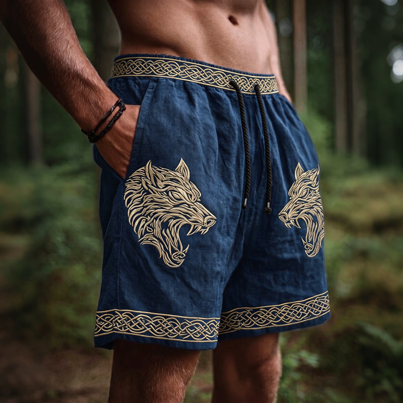 Men's Retro Viking Wolf Celtic Knot Art Linen Shorts