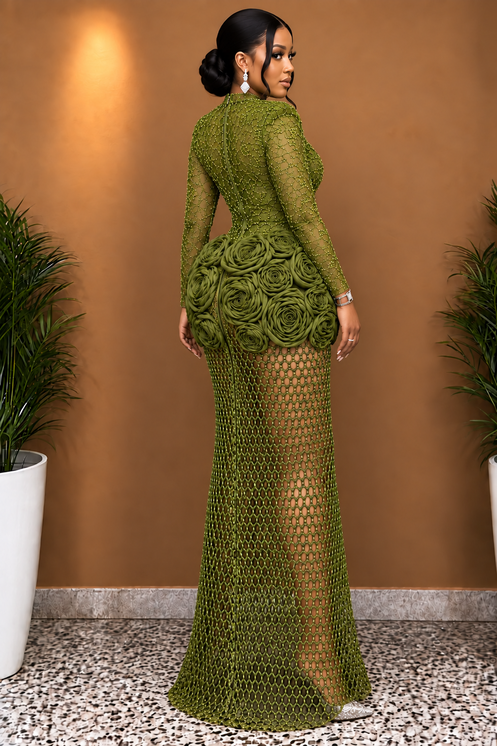 Green 3D Floral Mesh Long Evening Gown