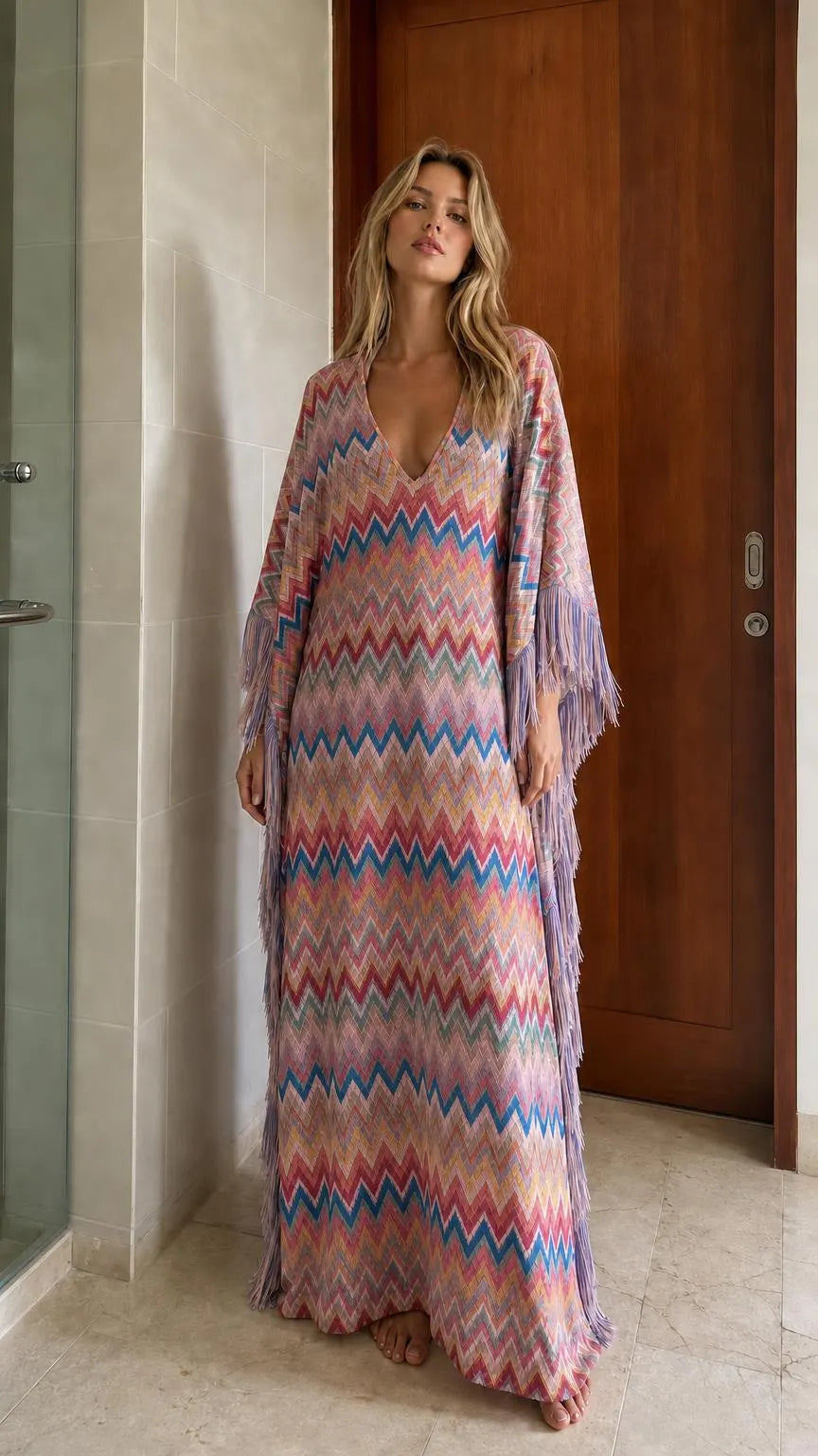 Bohemian Chevron Fringe Maxi Kaftan Dress