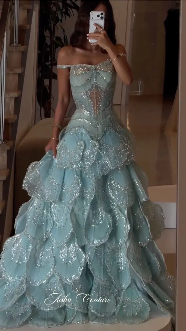 Off‑Shoulder Petal Sequin Ball Gown
