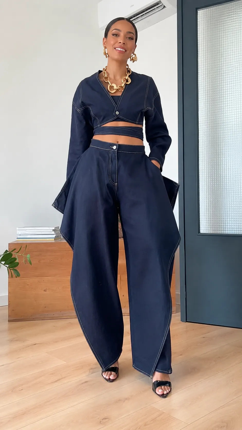 复制复制Denim Wrap Crop Top & Origami Wide‑Leg Pant Set