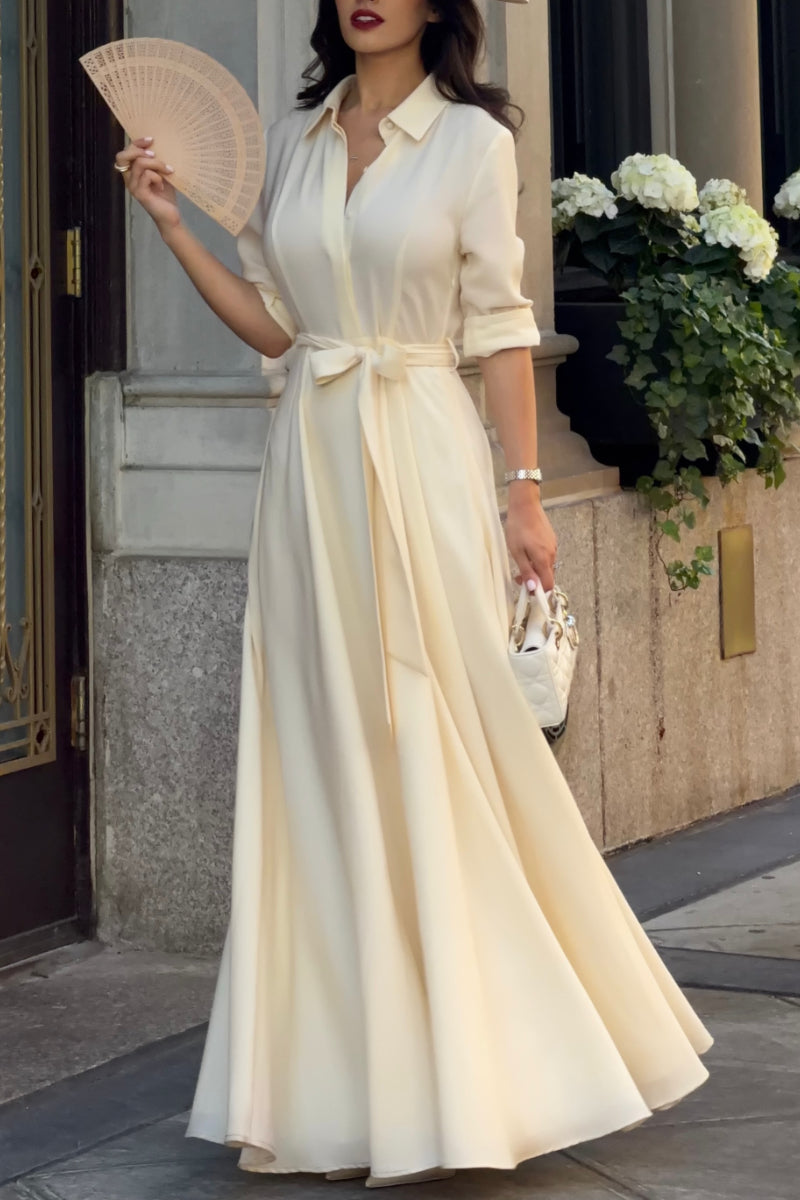 Cream Belted Shirt‑Style Maxi Dress