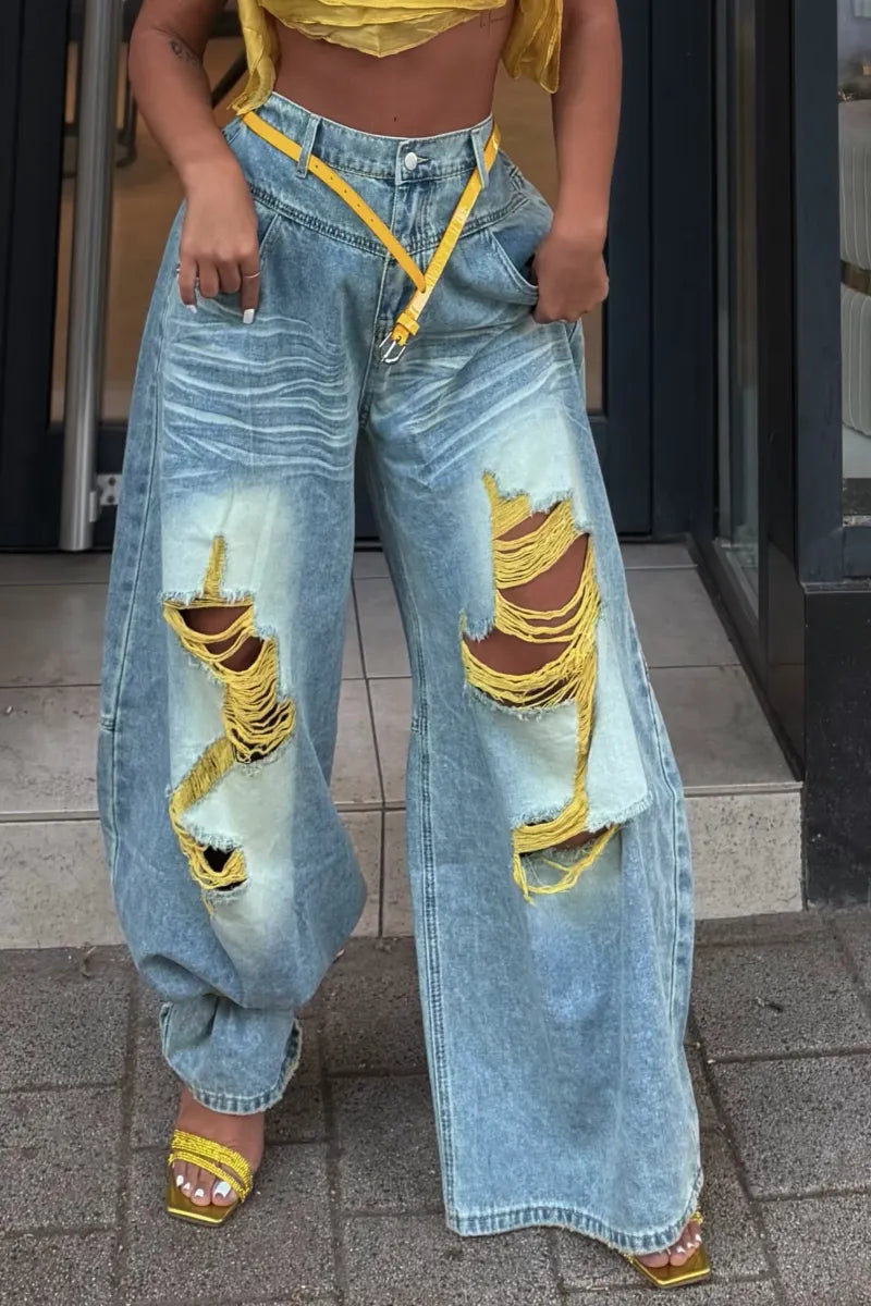 Acid Wash Yellow‑Thread Ripped Baggy Jeans