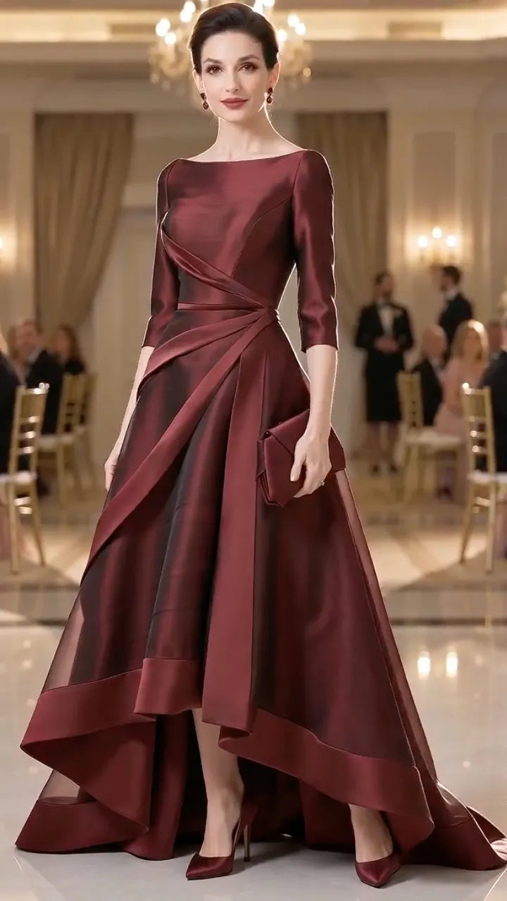 Burgundy Satin Draped High‑Low Formal Gown