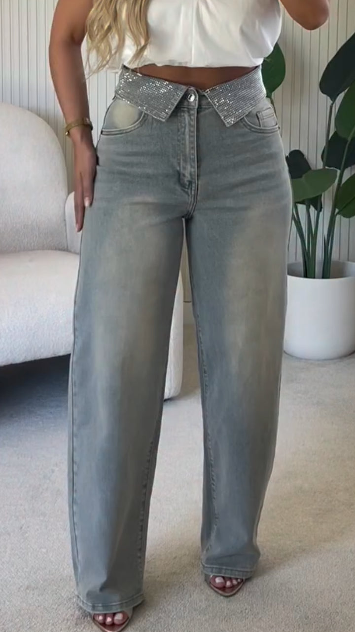 Rhinestone Folded Waist Wide Leg Jeans
