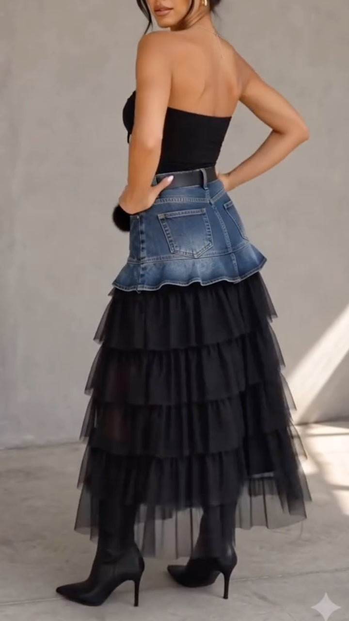 Denim Ruffle Top Layered Tulle Tiered Maxi Skirt