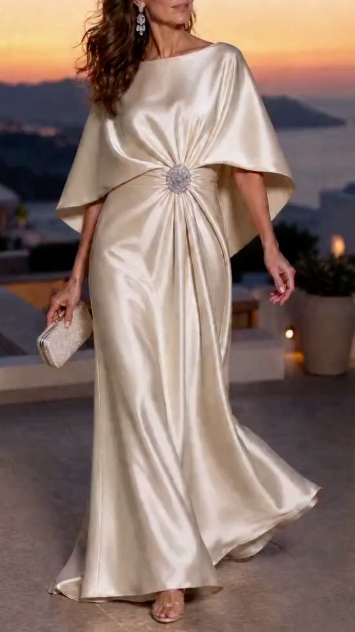 Champagne Cape Sleeve Satin Evening Gown