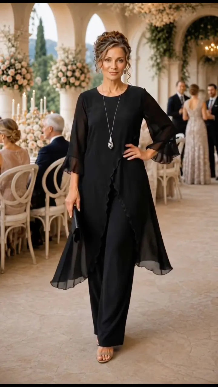 Black Chiffon Overlay Formal Pant Set