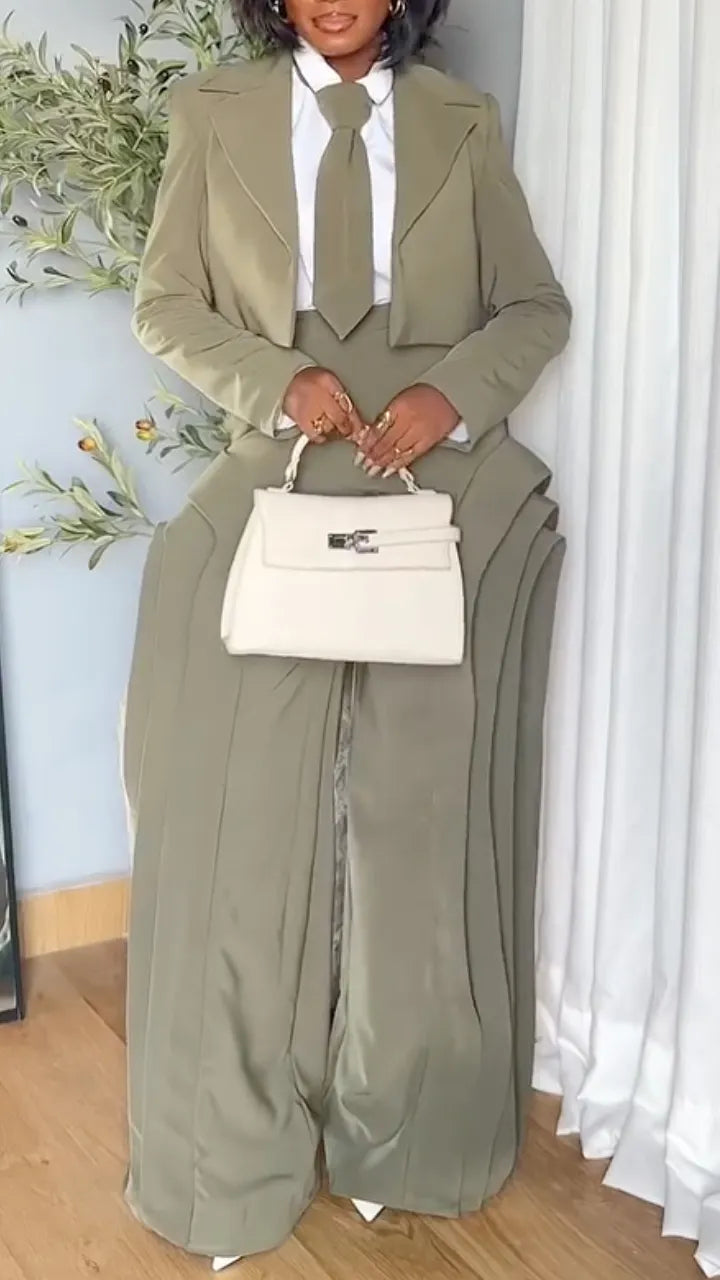 Olive Cropped Lapel Blazer Layer Flare Pant Suit Set（Buy 1 Free Shipping）