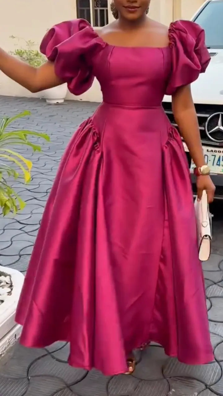 Magenta Satin Puff Sleeve Midi Evening Dress