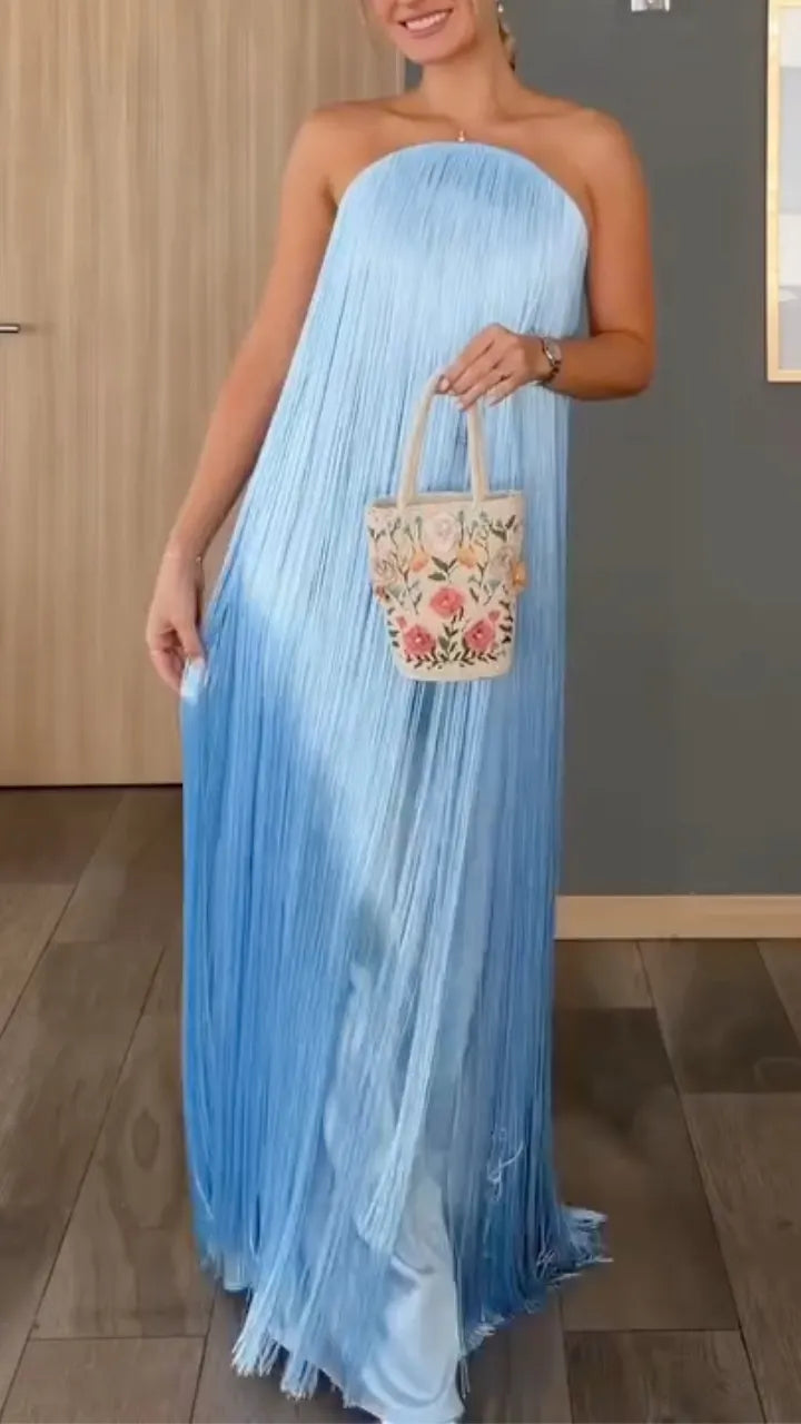 Strapless Pleated Tassel Maxi Dress