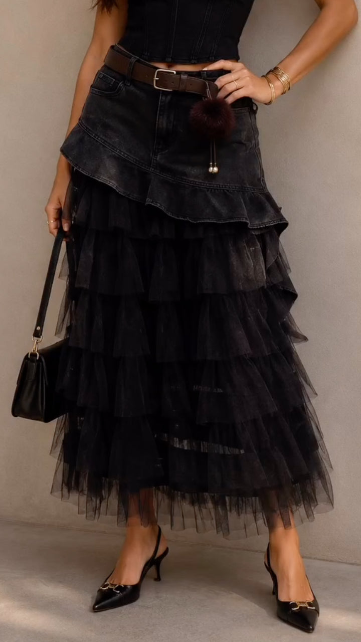 Denim Ruffle Top Layered Tulle Tiered Maxi Skirt