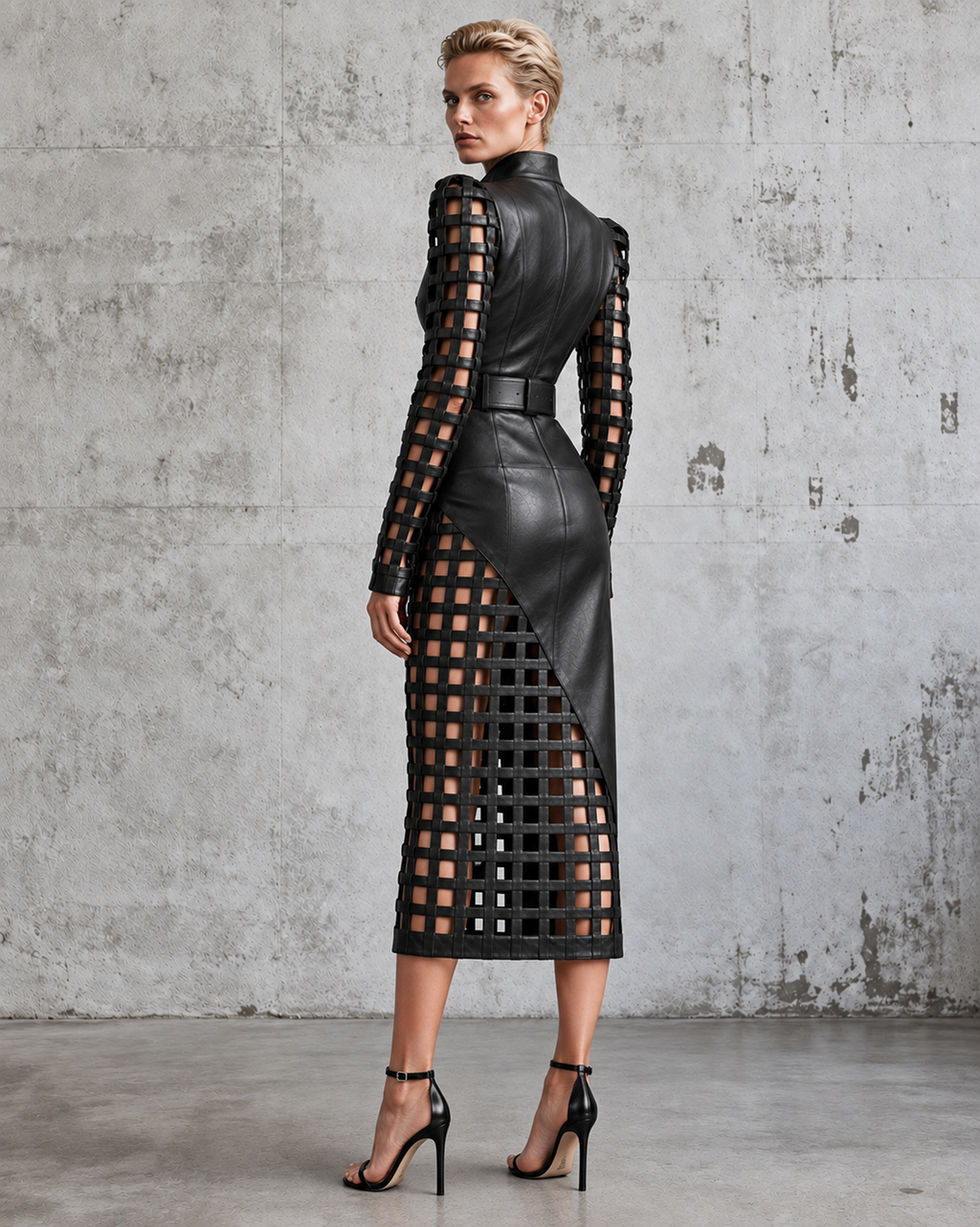 Black Faux Leather Cutout Grid Midi Dress With Belt