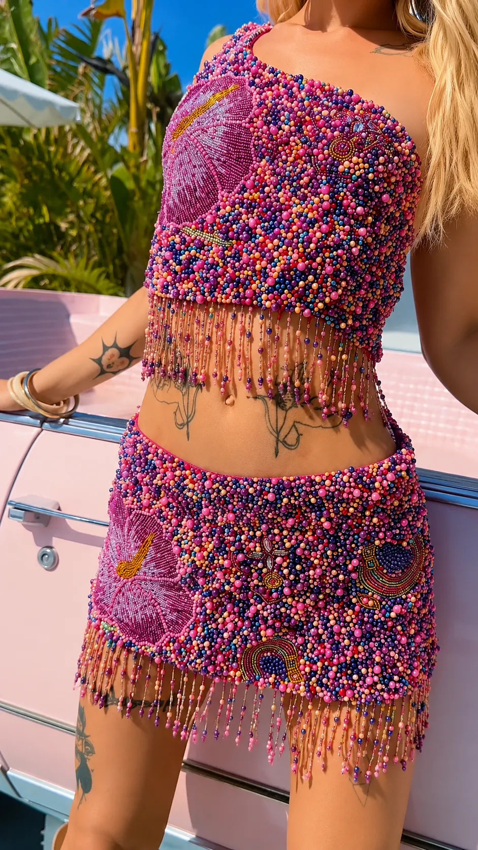 Multicolor Beaded Fringe Two‑Piece Setets