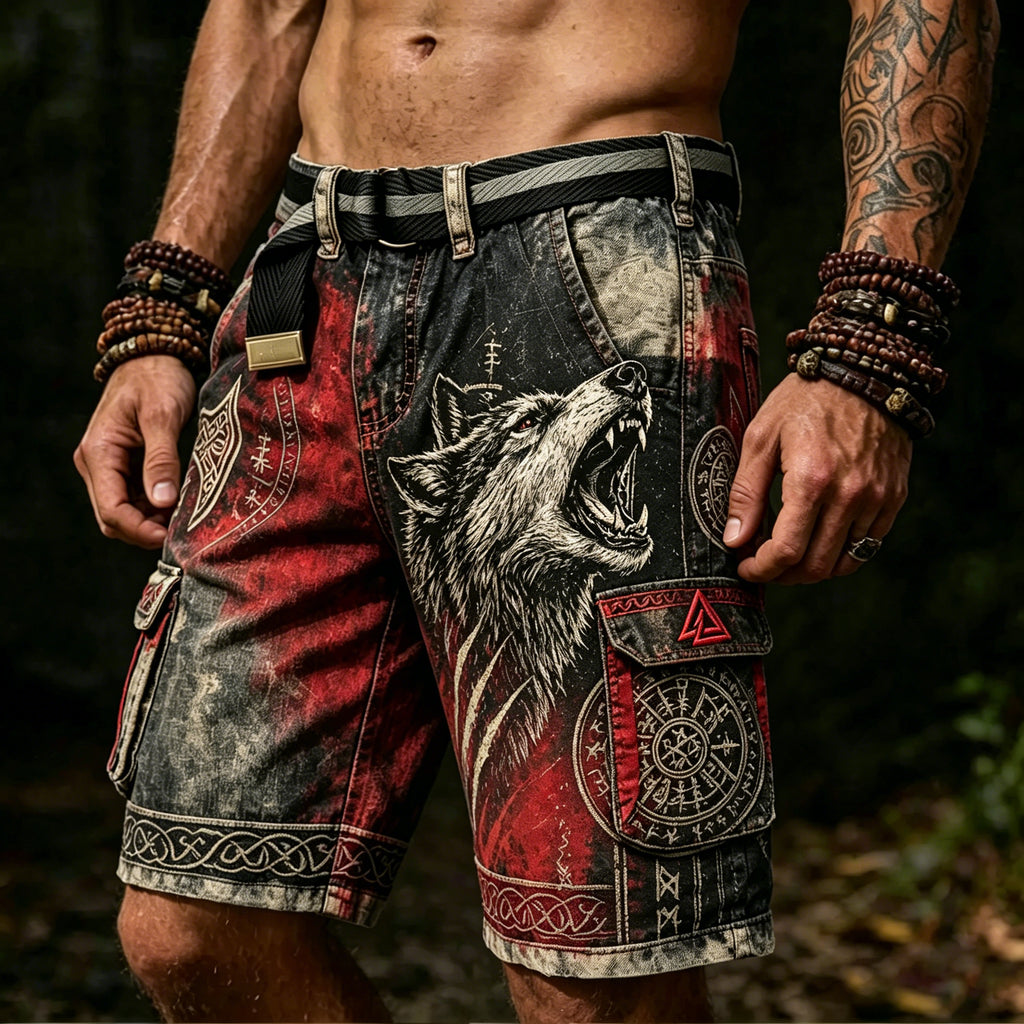 Men's Retro Viking Wolf Print Multi-pocket Shorts