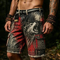 Men's Retro Viking Wolf Print Multi-pocket Shorts