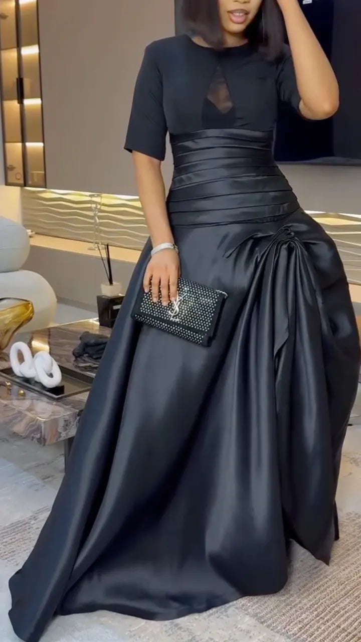 Black Satin Mix‑Fabric High Slit Maxi Gown