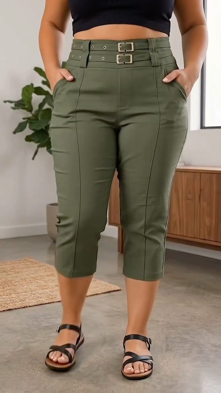 Plus‑Size Double Buckle High‑Waist Capri Pants