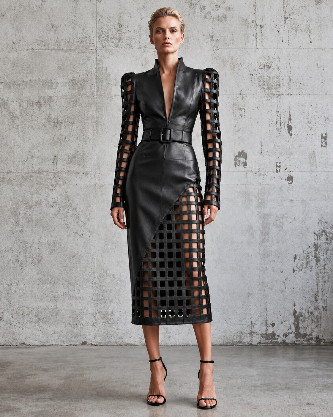 Black Faux Leather Cutout Grid Midi Dress With Belt