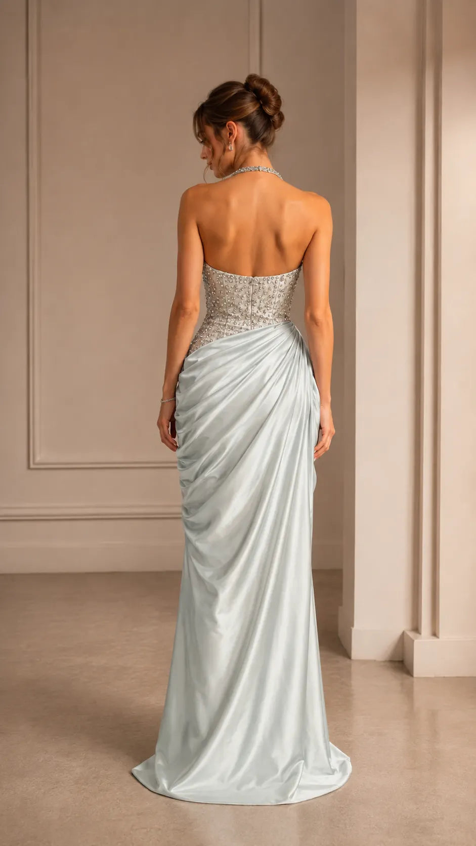 Beaded Halter Satin Drape Slit Evening Gown