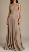 Taupe Cap‑Sleeve Lace Applique Chiffon Formal Gown