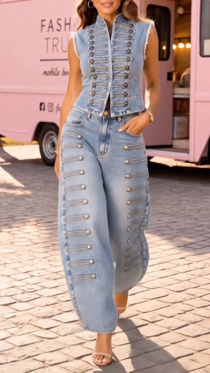 Decorative Button Denim Vest And Barrel Pants Two‑Piece Set