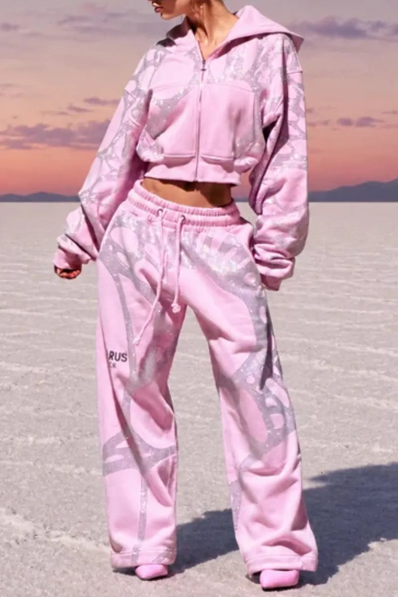 Pink Glitter Print Cropped Hooded Tracksuit Set