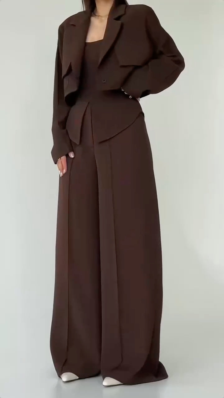 Taupe Cropped Blazer Two‑Piece Pants Set