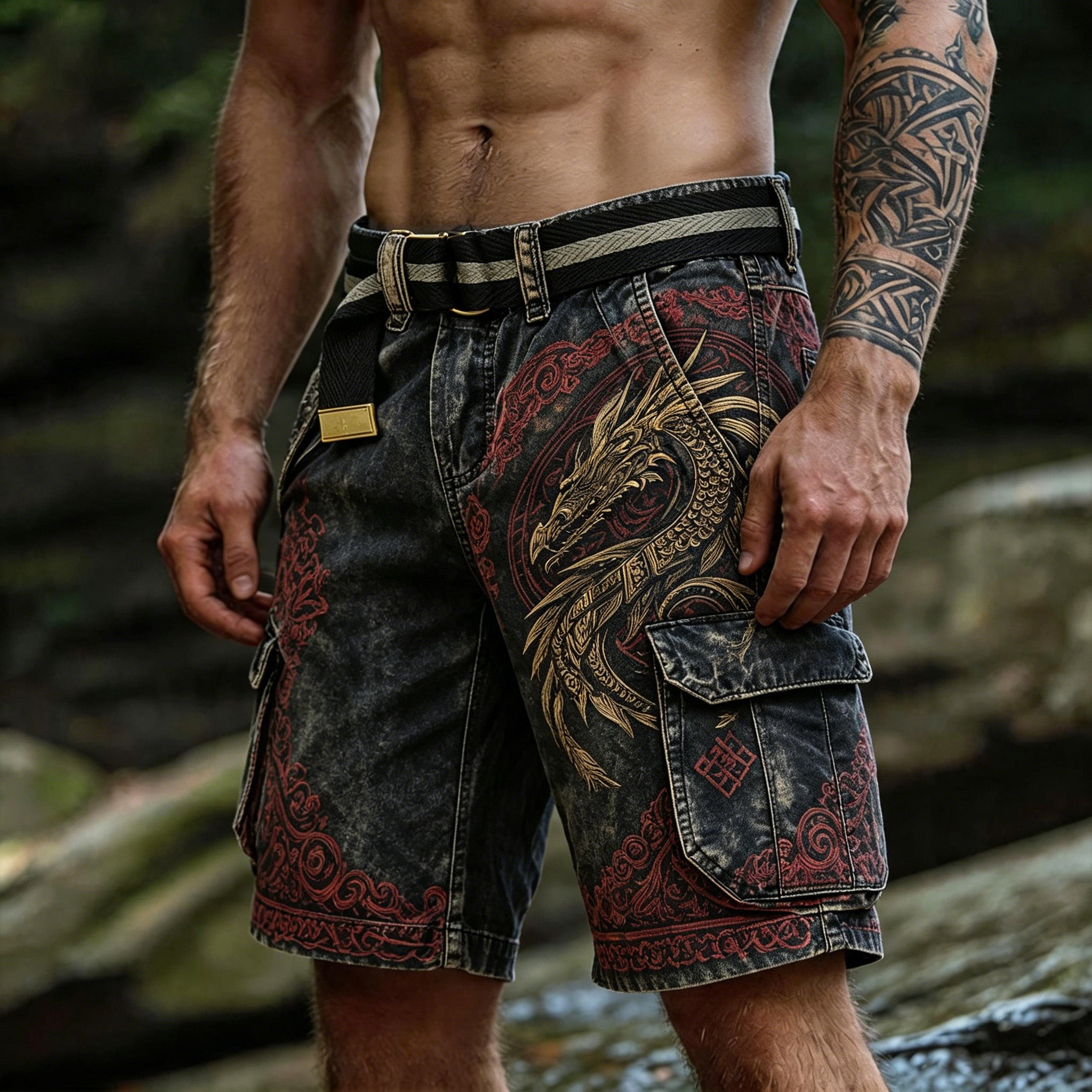 Ethnic Retro Outdoor Viking Dragon Print Multi-pocket Shorts