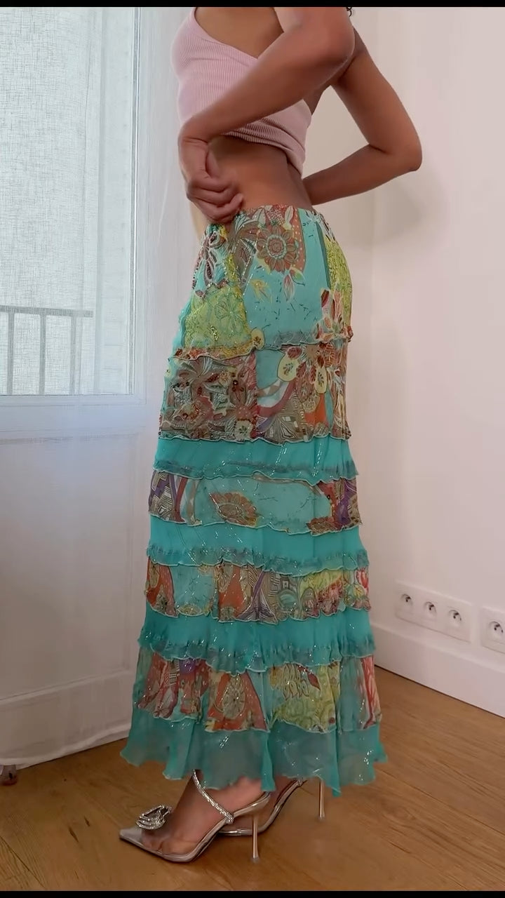 Vintage Floral Print Tiered Ruffle Maxi Skirt