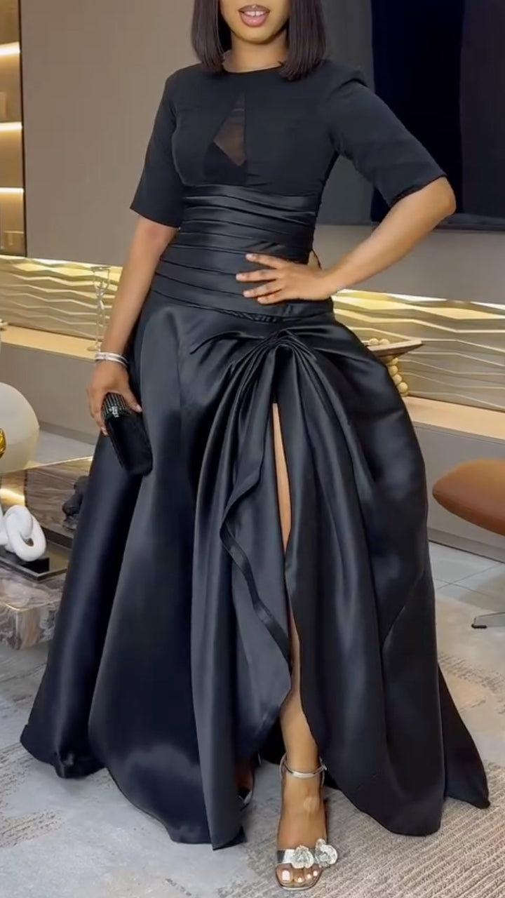 Black Satin Mix‑Fabric High Slit Maxi Gown