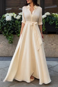 Cream Belted Shirt‑Style Maxi Dress