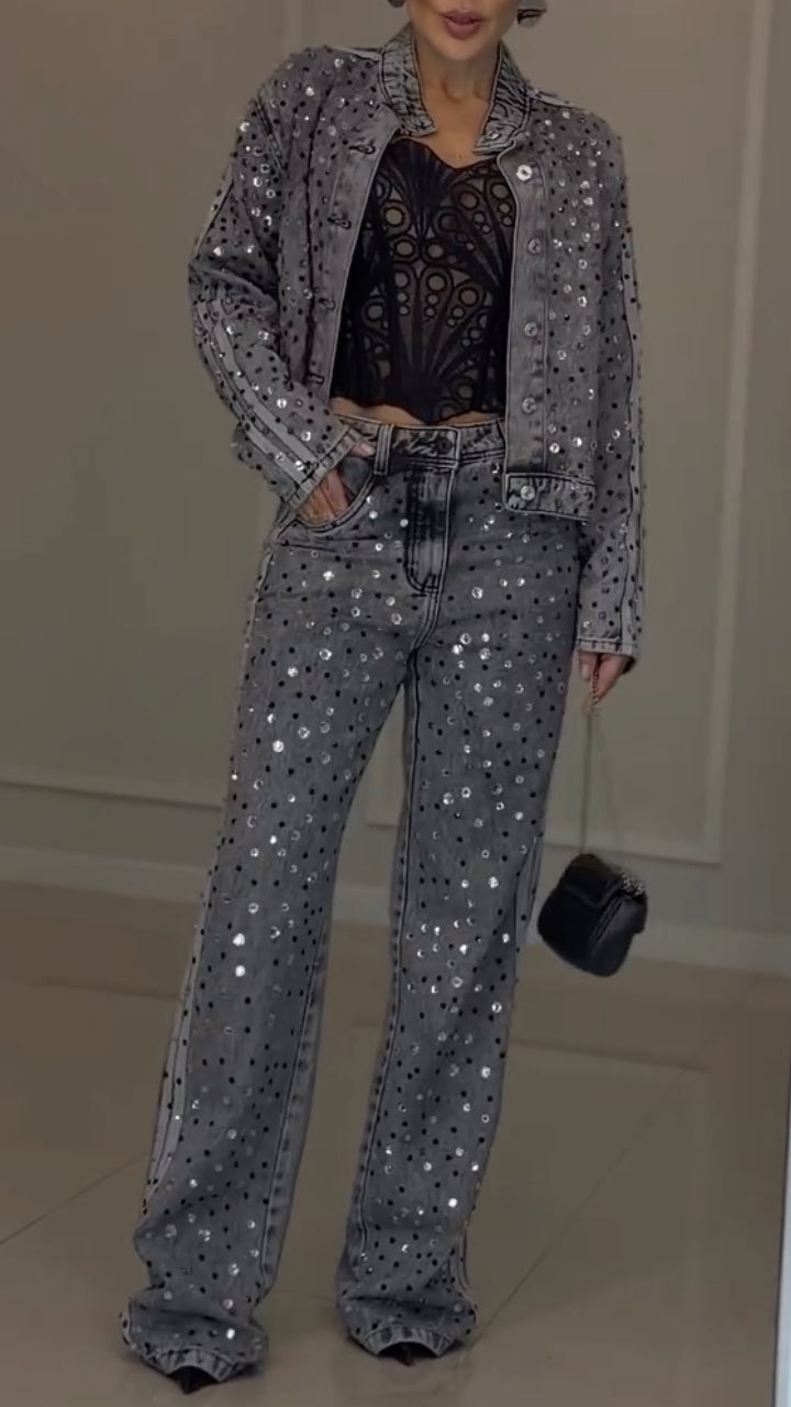 Denim Rhinestone Jacket And Jeans Two‑Piece Set