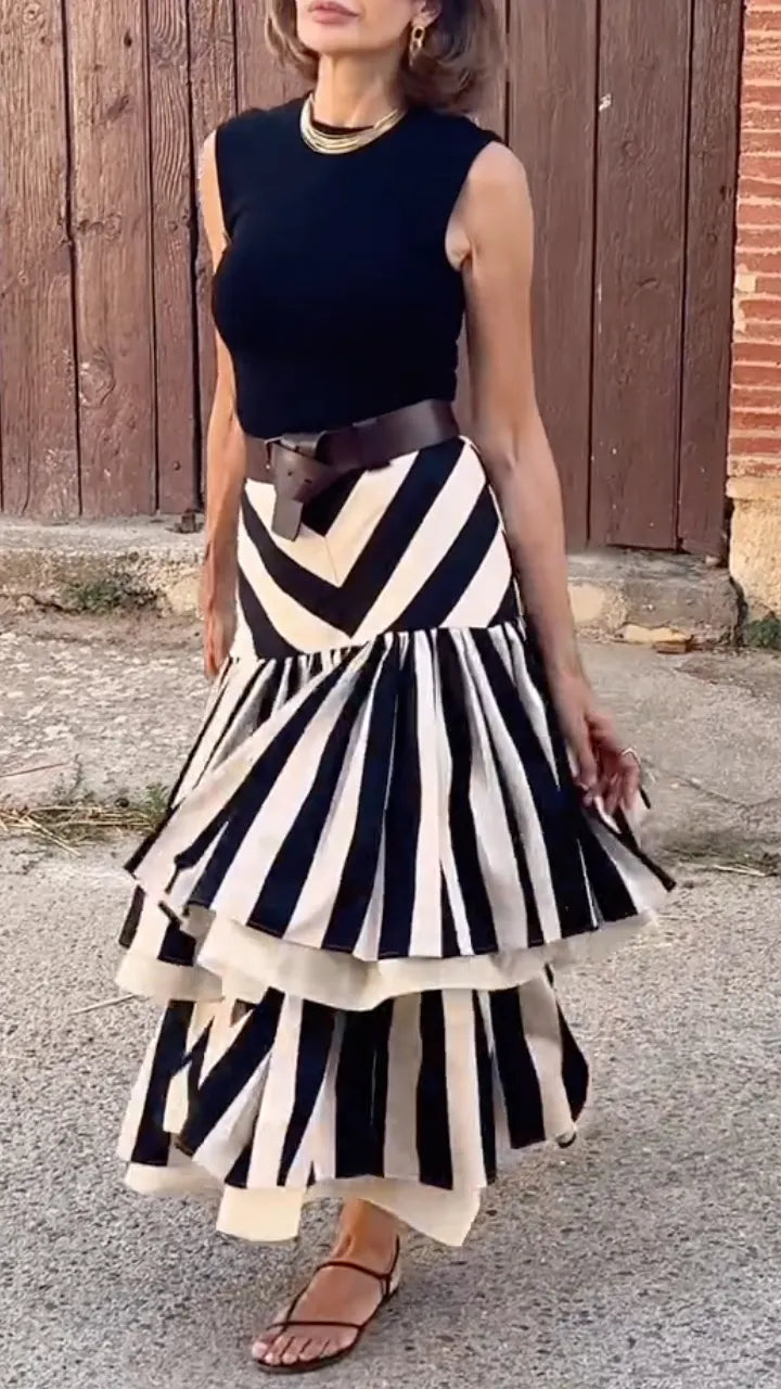 Black And White Stripe Tiered Maxi Skirt
