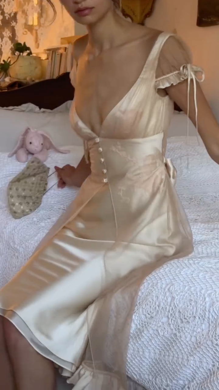 Vintage Champagne Satin Lace Midi Slip Dress