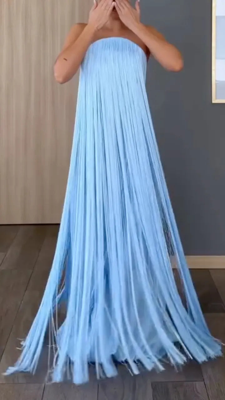 Strapless Pleated Tassel Maxi Dress