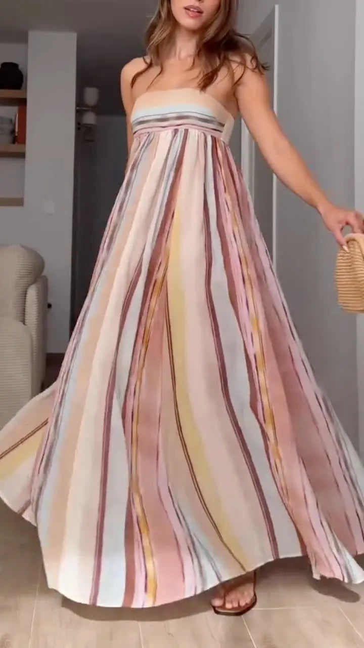 Black Draped Sleeveless Midi DressPastel Watercolor Stripe Strapless Maxi Dress