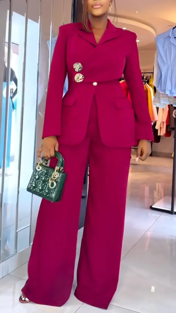 Women Collar Splicing Jacket+ Wide Leg Pants Temperament Commuting Formal Suit