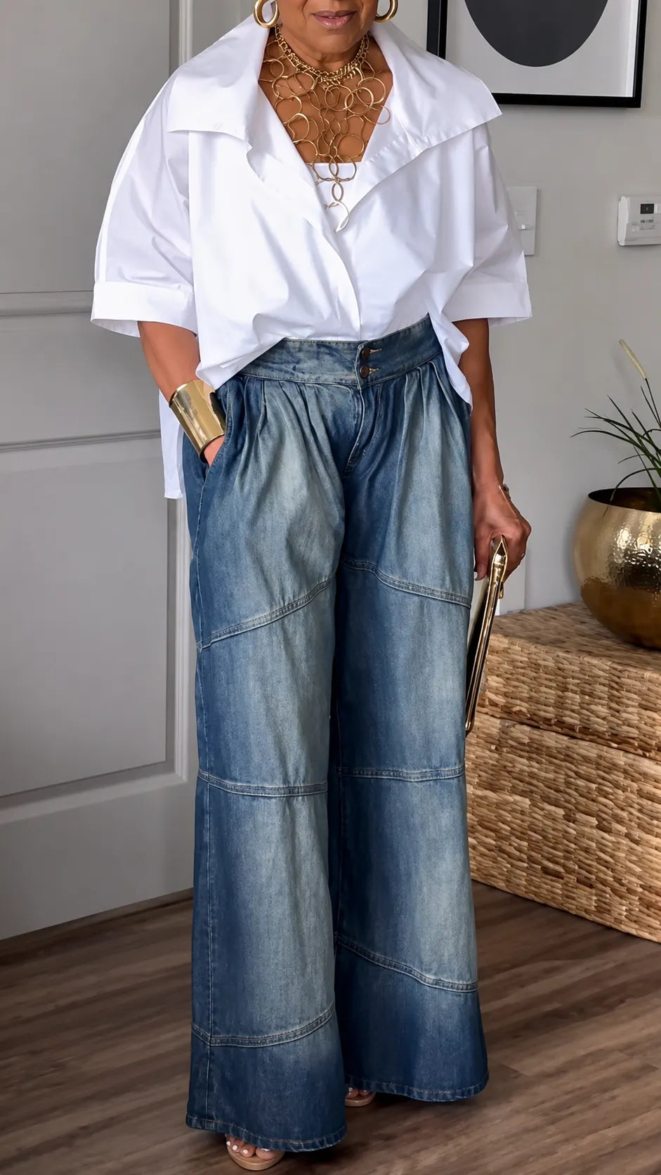 High Waist Panel Patch Wide Leg Denim Jeans Ste