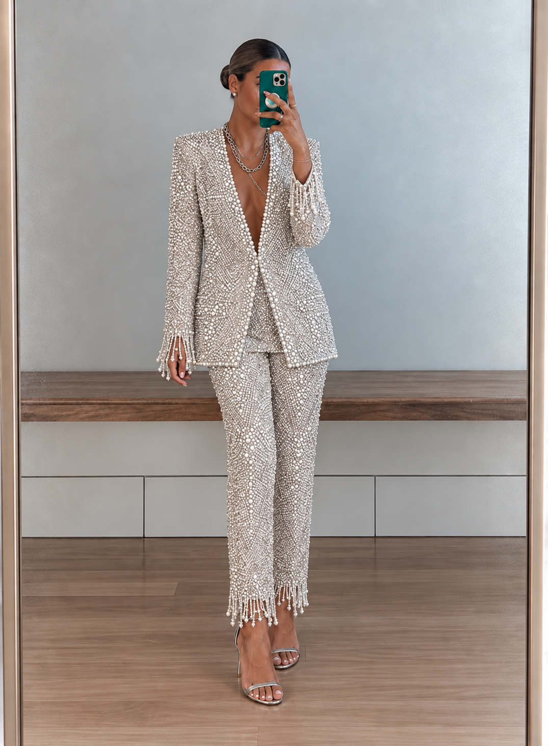 Silver Beaded Fringe Blazer Cropped Pants Two‑Piece Set