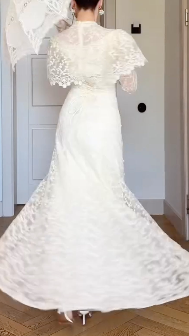 Vintage White Lace Victorian Wedding Gown