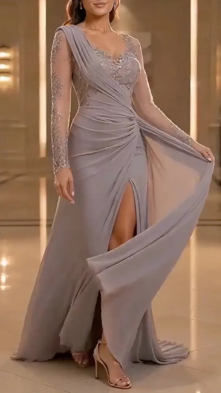 Dusty Grey Lace Appliqué Ruched Evening Gown