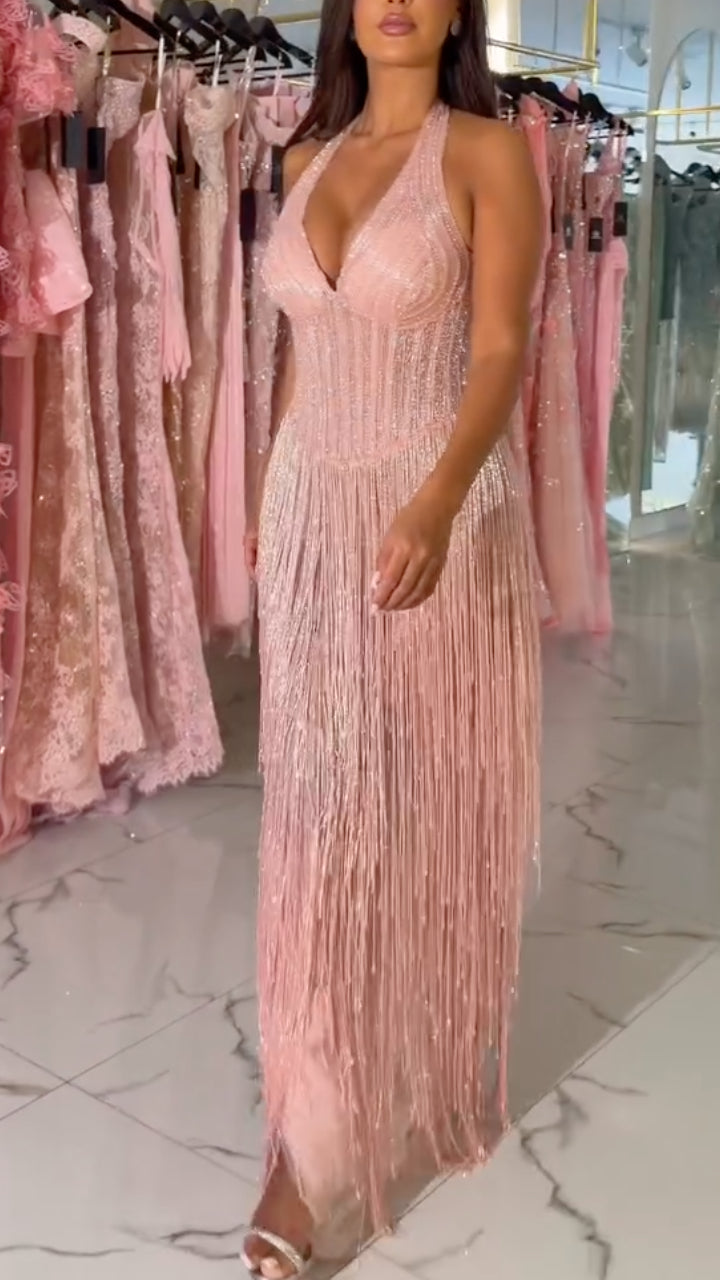 Halter V‑Neck Fringe Maxi Party Dress**